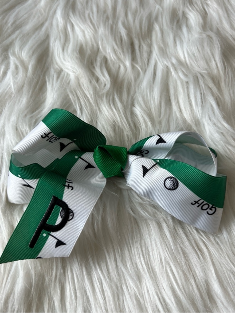Green and White Golf Pattern Kids Hair Bow with embroidered P